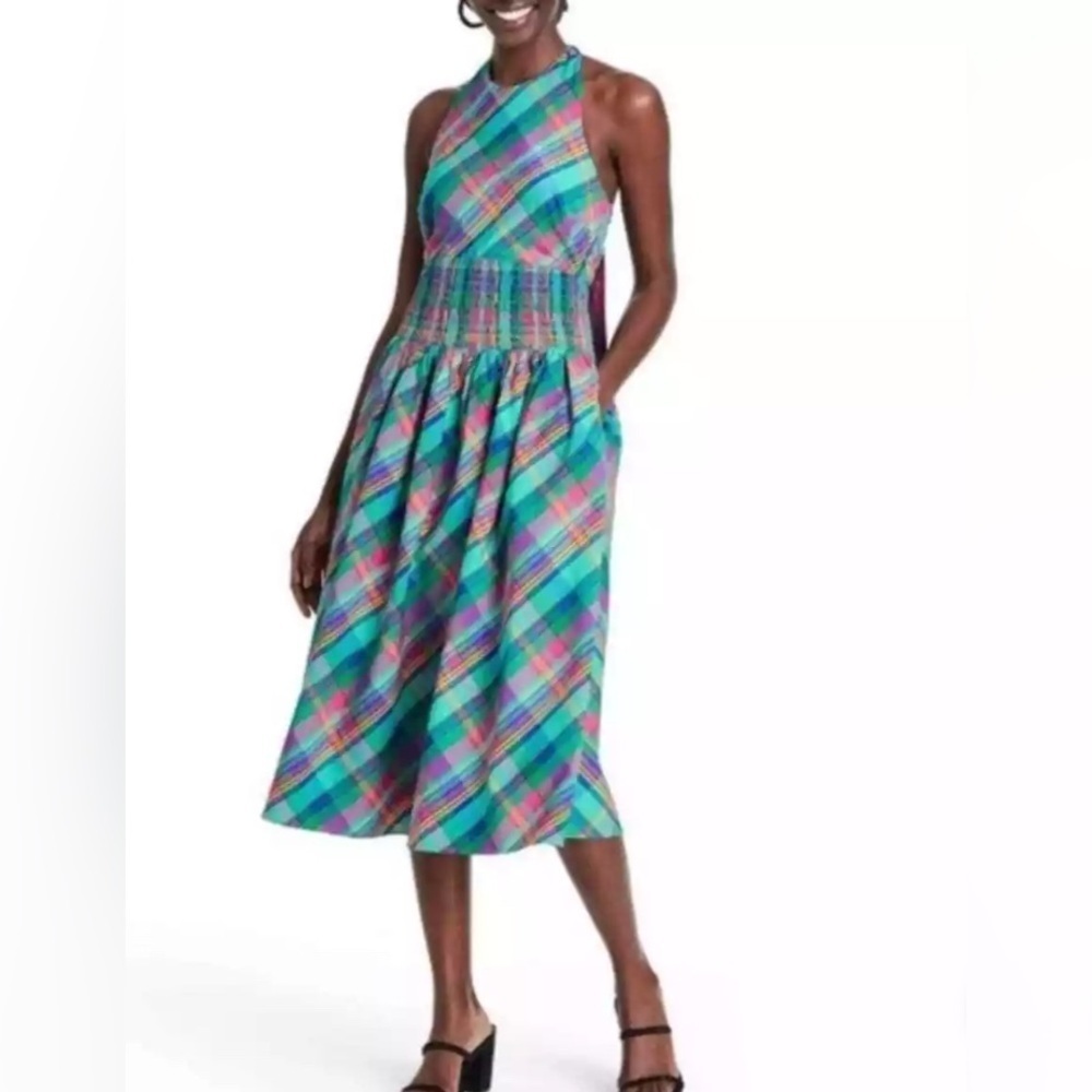 Christopher John Rogers x Target Plaid Halter Dress Smocked Bow modest